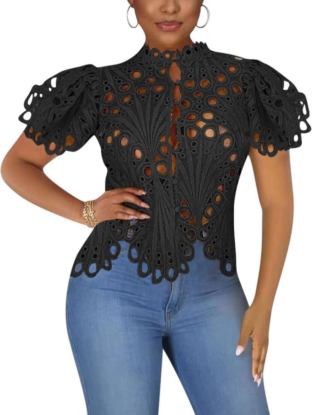 Chic Women's Lace Ruffle Puff Sleeve Button Down Top - Trendy 2026 Fashion